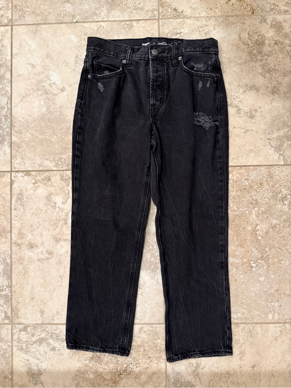 Old Navy- Slouchy Straight High Rise  Distressed Black Jeans